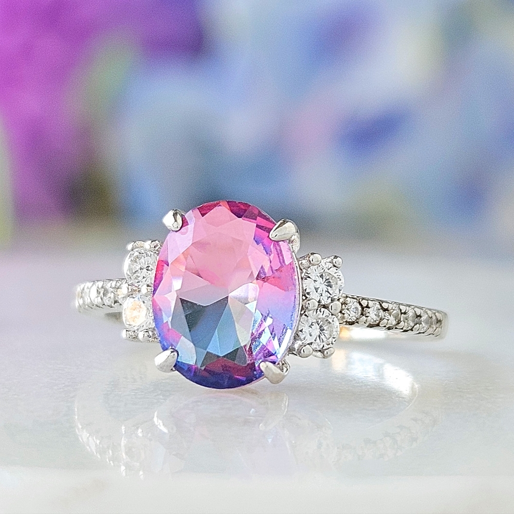 Elegant Pink Purple Tourmarine and Sterling Silver Women's Ring - Picture 3 of 3
